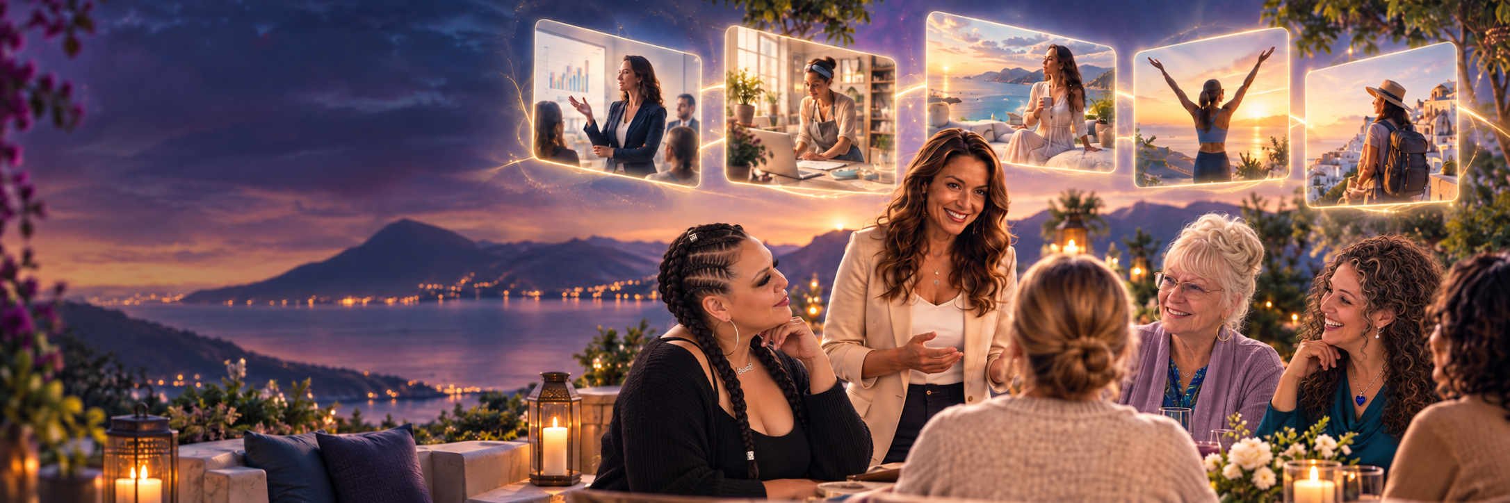 Women gathered at sunset by the water, with glowing scenes of the futures they are building.